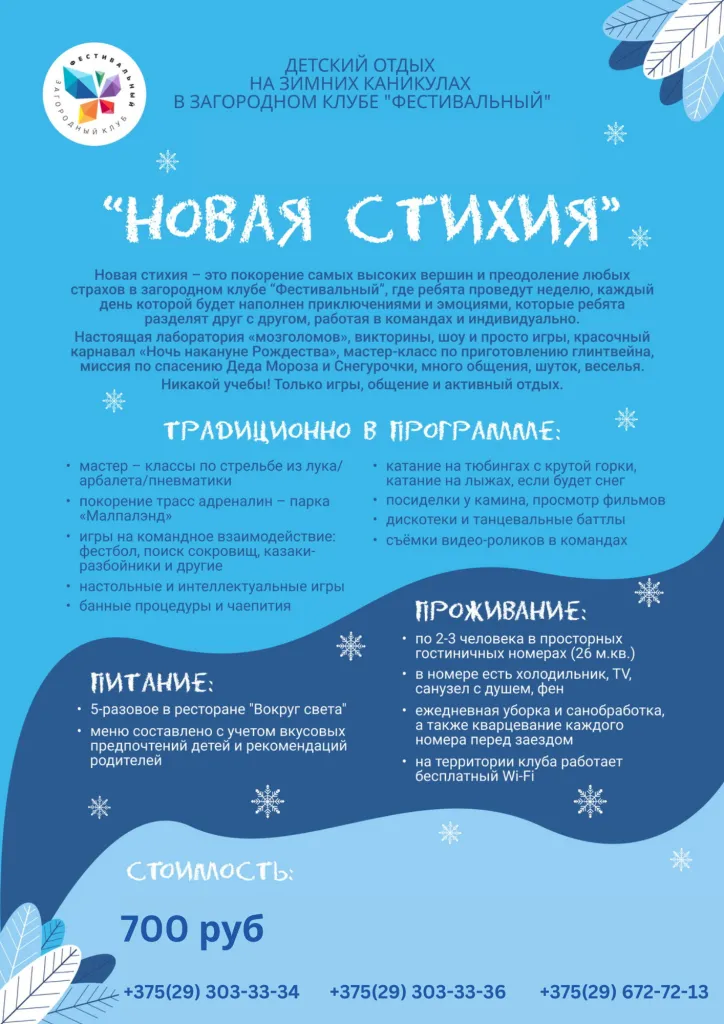Зимние каникулы в ЗК "Фестивальный" Программа